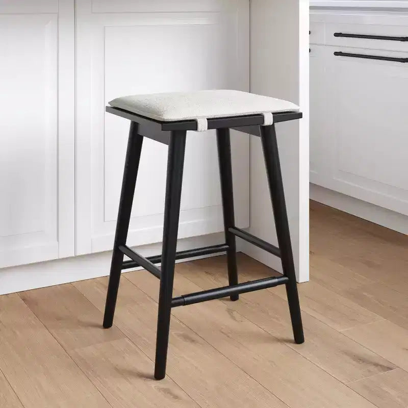 Tabouret de bar hauteur comptoir en bois et bouclette noir : Revêtement en lin, 63 cm de haut