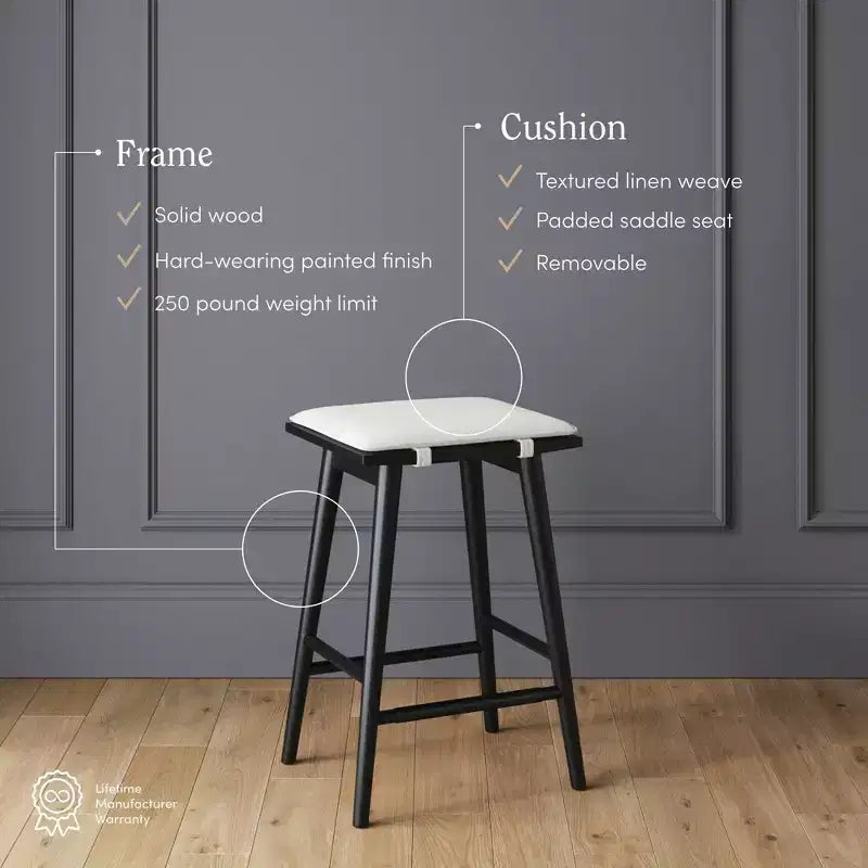 Tabouret de bar hauteur comptoir en bois et bouclette noir : Revêtement en lin, 63 cm de haut