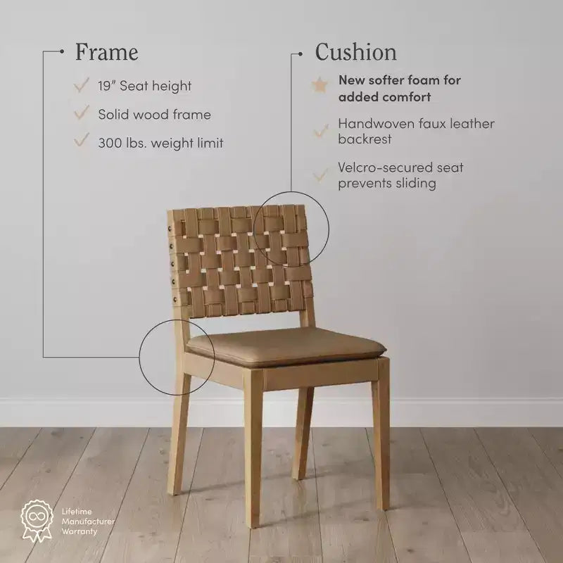 Chaise de salle à manger en similicuir tressé, moderne du milieu du siècle, marron clair : Rembourrée, structure en bois, sans accoudoirs