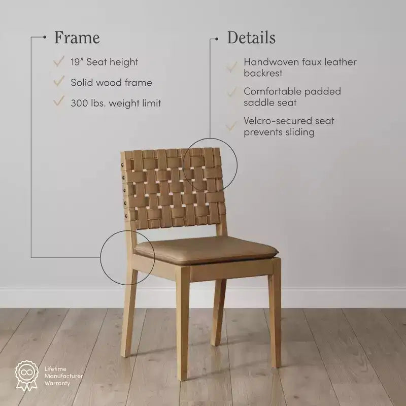 Chaise de salle à manger en similicuir tressé, moderne du milieu du siècle, marron clair : Rembourrée, structure en bois, sans accoudoirs