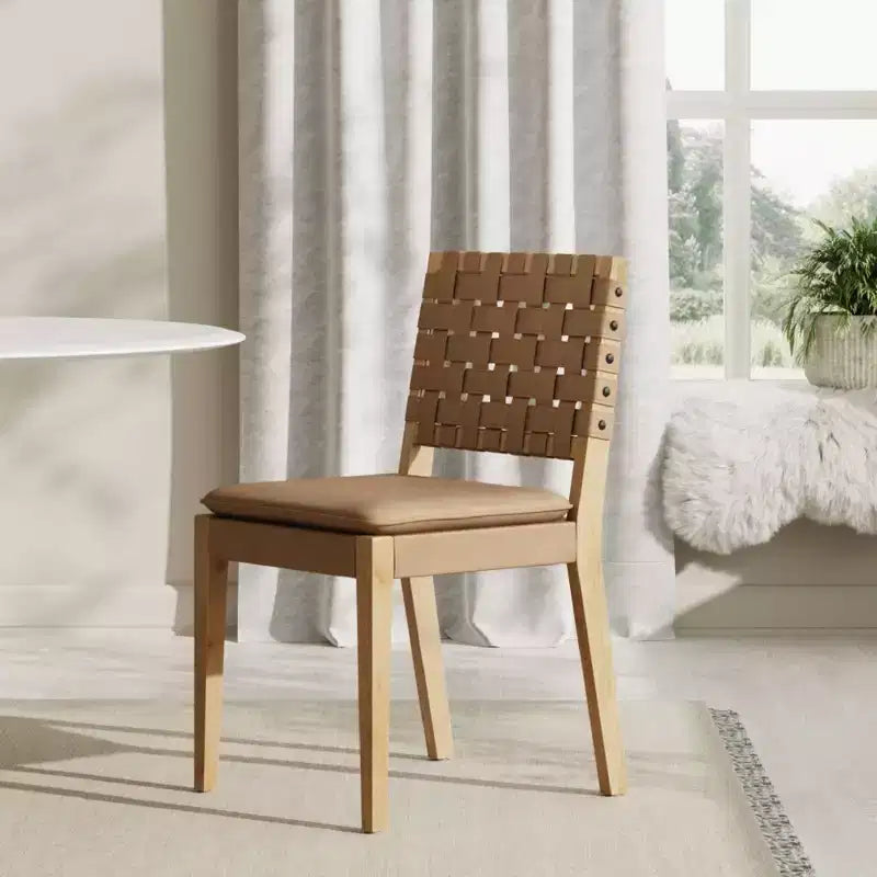Chaise de salle à manger en similicuir tressé, moderne du milieu du siècle, marron clair : Rembourrée, structure en bois, sans accoudoirs