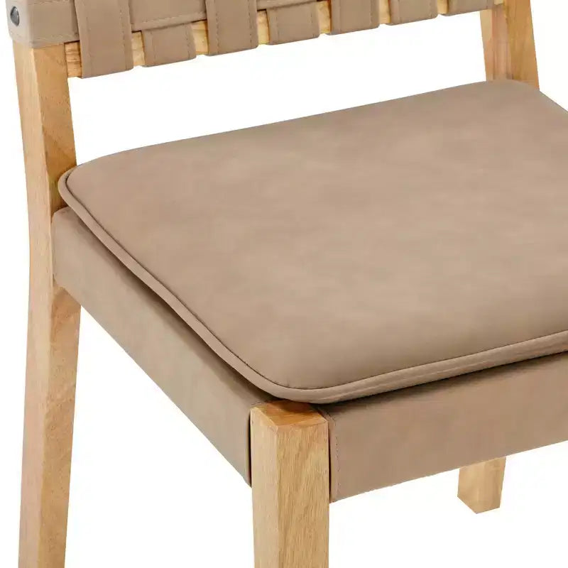 Chaise de salle à manger en similicuir tressé, moderne du milieu du siècle, marron clair : Rembourrée, structure en bois, sans accoudoirs