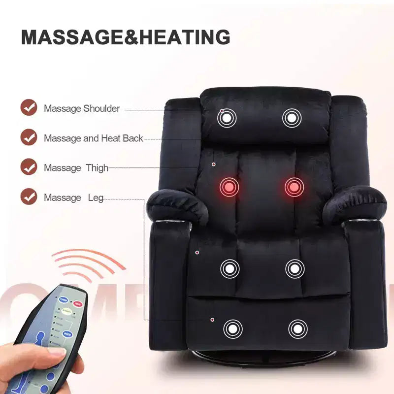 Fauteuil de massage électrique inclinable, fauteuil à bascule chauffant, canapé pivotant à 360 degrés, noir