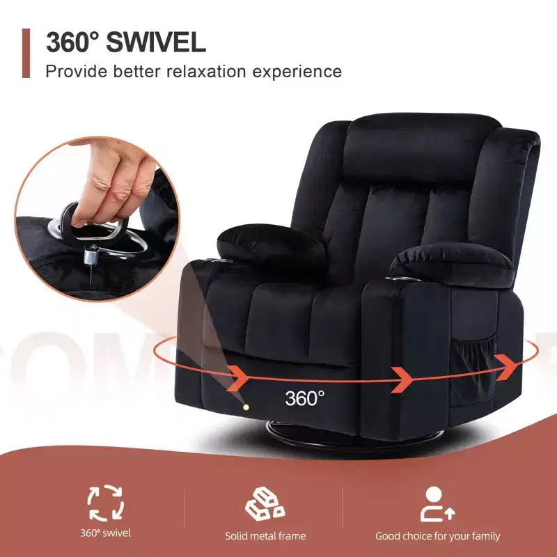 Fauteuil de massage électrique inclinable, fauteuil à bascule chauffant, canapé pivotant à 360 degrés, noir
