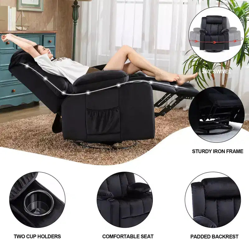 Fauteuil de massage électrique inclinable, fauteuil à bascule chauffant, canapé pivotant à 360 degrés, noir