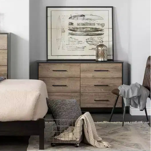 South Shore Londen 6 Drawer Double Dresser Rubbed Black/Weathered Oak: Contemporary Storage Chest with Metal Slides