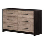 Commode double 6 tiroirs (noir vieilli/chêne patiné) : meuble de rangement de style moderne avec glissières métalliques