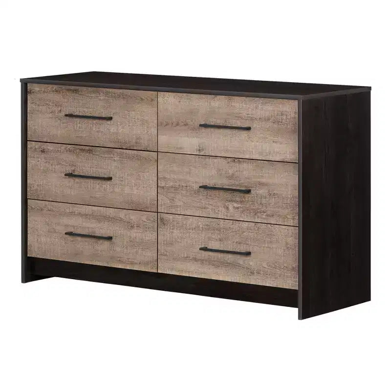 Commode double 6 tiroirs (noir vieilli/chêne patiné) : meuble de rangement de style moderne avec glissières métalliques