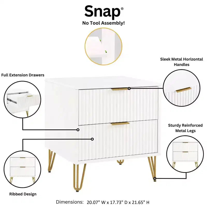 Table de chevet blanche à 2 tiroirs : Table de chevet moderne en MDF avec glissières métalliques, rangement
