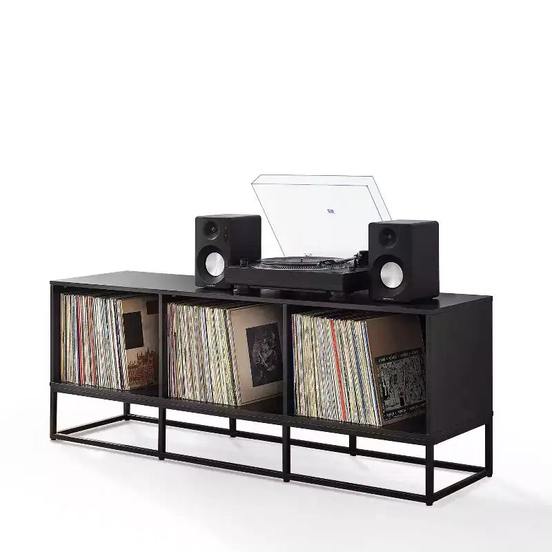 Crosley 60" Enzo Large Record Storage Media Console Black: Modern Industrial Style, Melamine Veneer, Steel Legs
