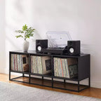 Meuble console grand format pour disques vinyles 60 po noir : Style industriel moderne, placage en mélamine, pieds en acier