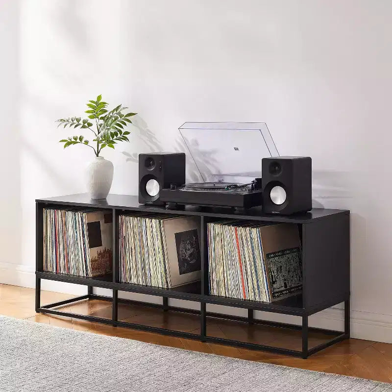 Meuble console grand format pour disques vinyles 60 po noir : Style industriel moderne, placage en mélamine, pieds en acier
