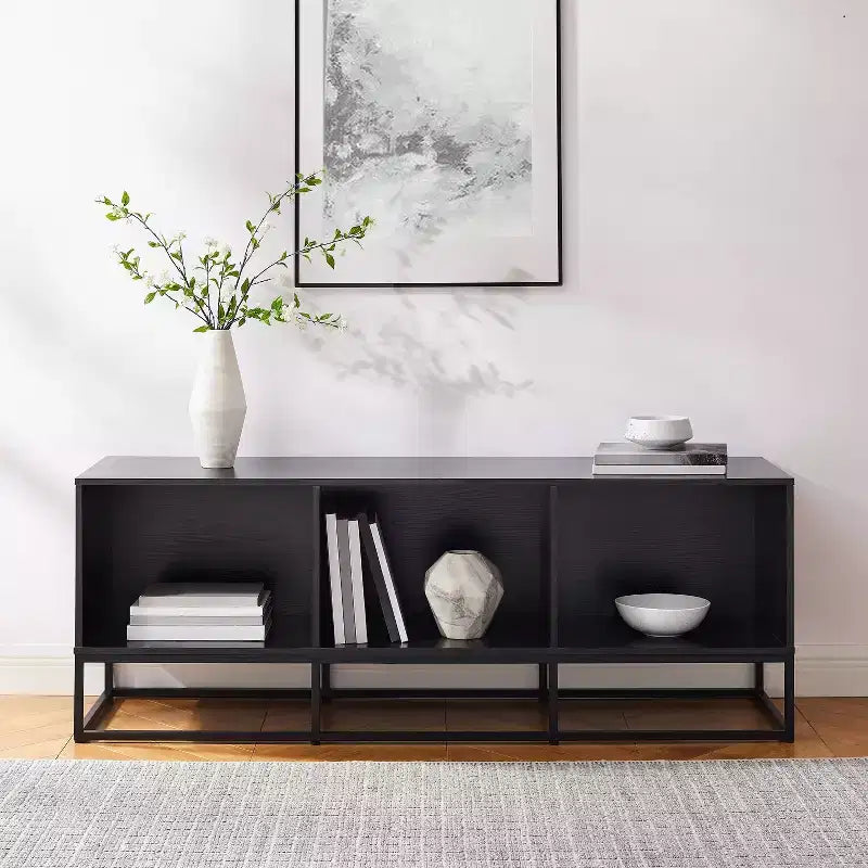 Meuble console grand format pour disques vinyles 60 po noir : Style industriel moderne, placage en mélamine, pieds en acier