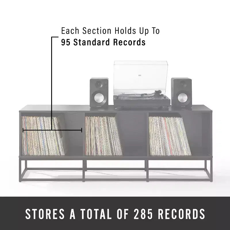 Meuble console grand format pour disques vinyles 60 po noir : Style industriel moderne, placage en mélamine, pieds en acier