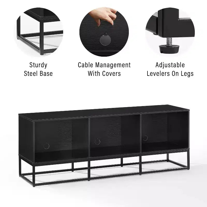 Meuble console grand format pour disques vinyles 60 po noir : Style industriel moderne, placage en mélamine, pieds en acier