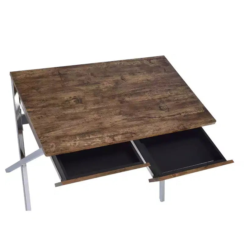 Bureaux de réception 36" aspect chêne vieilli et chrome : cadre métallique, surface en bois, étagère de rangement ouverte
