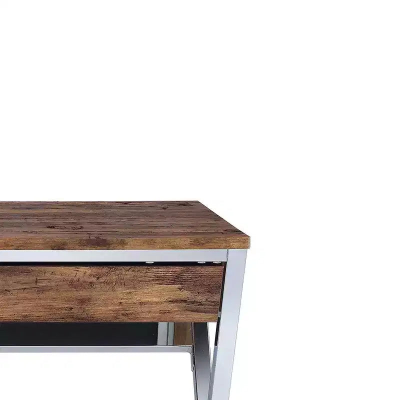 Bureaux de réception 36" aspect chêne vieilli et chrome : cadre métallique, surface en bois, étagère de rangement ouverte
