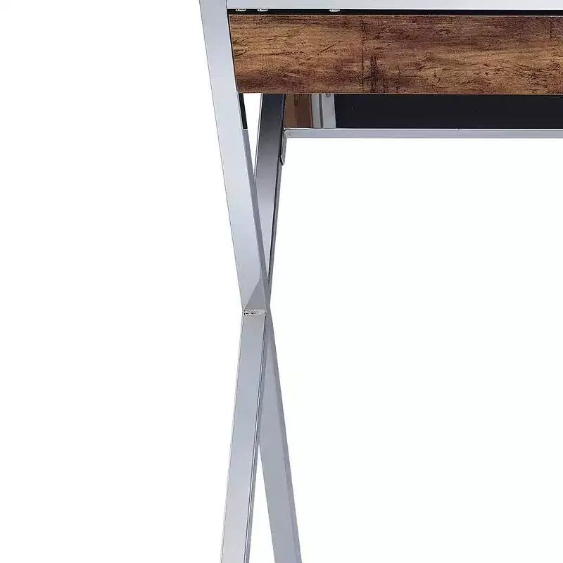 Bureaux de réception 36" aspect chêne vieilli et chrome : cadre métallique, surface en bois, étagère de rangement ouverte