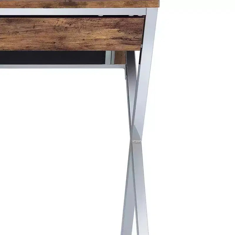 Bureaux de réception 36" aspect chêne vieilli et chrome : cadre métallique, surface en bois, étagère de rangement ouverte