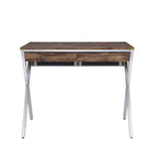 Bureaux de réception 36" aspect chêne vieilli et chrome : cadre métallique, surface en bois, étagère de rangement ouverte