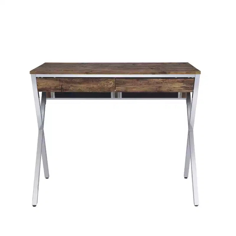 Bureaux de réception 36" aspect chêne vieilli et chrome : cadre métallique, surface en bois, étagère de rangement ouverte