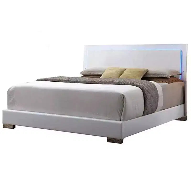 Grand lit double de 216 cm avec lumières LED et tête de lit en similicuir