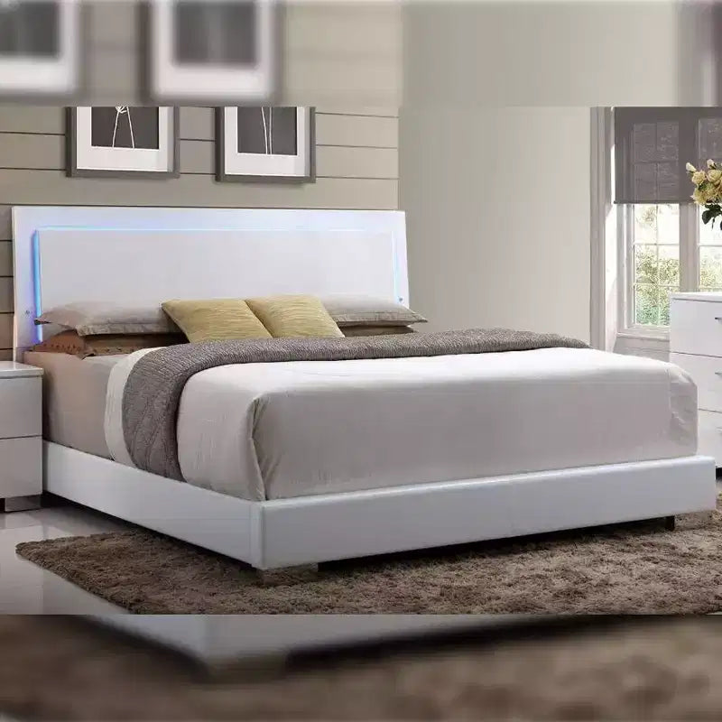 Grand lit double de 216 cm avec lumières LED et tête de lit en similicuir