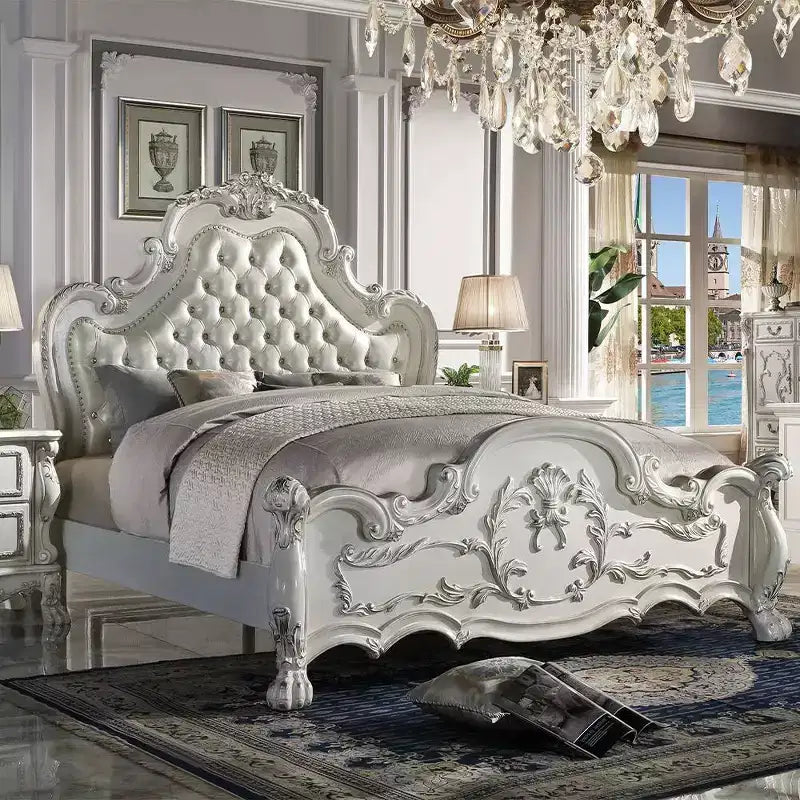 Série Grands Lits Doubles 91 Pouces – Cuir Synthétique, Finition Blanc Cassé