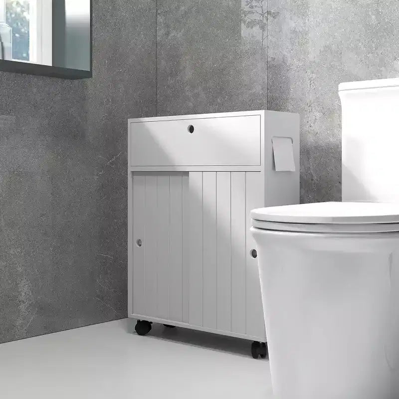 Petit meuble de rangement de salle de bain à roulettes, Meuble de rangement fin pour papier toilette avec 2 trous, Portes coulissantes et étagère réglable, Blanc
