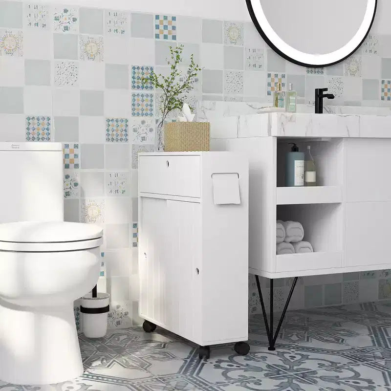 Petit meuble de rangement de salle de bain à roulettes, Meuble de rangement fin pour papier toilette avec 2 trous, Portes coulissantes et étagère réglable, Blanc