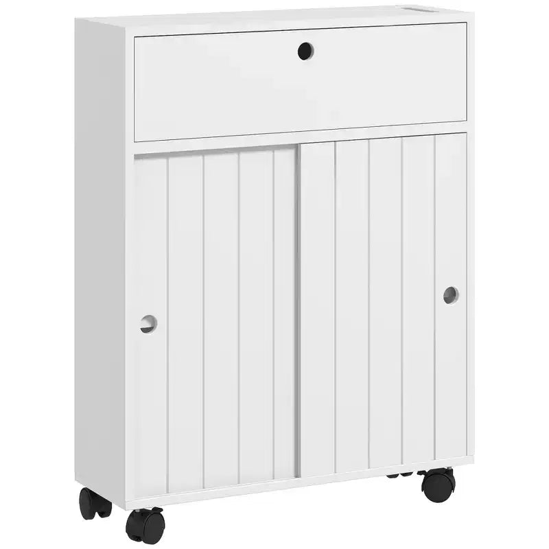 Petit meuble de rangement de salle de bain à roulettes, Meuble de rangement fin pour papier toilette avec 2 trous, Portes coulissantes et étagère réglable, Blanc