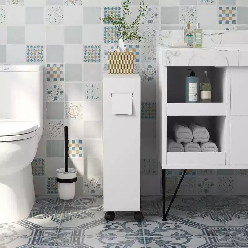 Petit meuble de rangement de salle de bain à roulettes, Meuble de rangement fin pour papier toilette avec 2 trous, Portes coulissantes et étagère réglable, Blanc