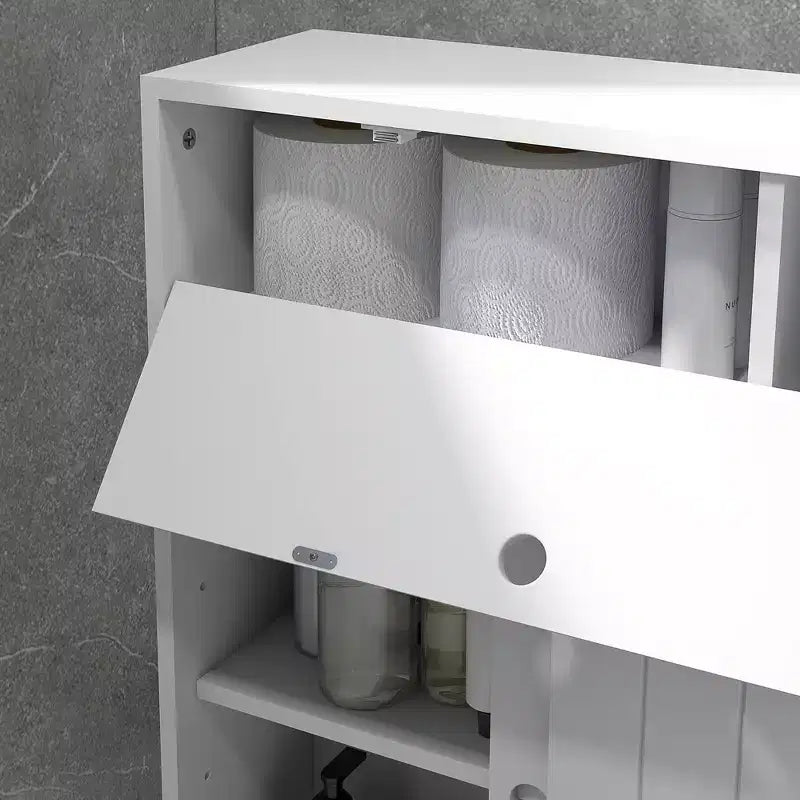 Petit meuble de rangement de salle de bain à roulettes, Meuble de rangement fin pour papier toilette avec 2 trous, Portes coulissantes et étagère réglable, Blanc