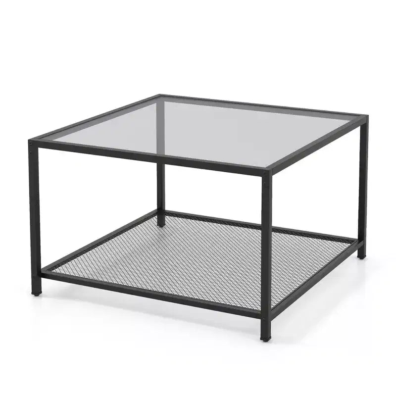 Table basse en verre 70 cm 2 étages carrée avec étagère en maille Salon Gris/Transparent