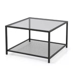 Table basse en verre 70 cm 2 étages carrée avec étagère en maille Salon Gris/Transparent