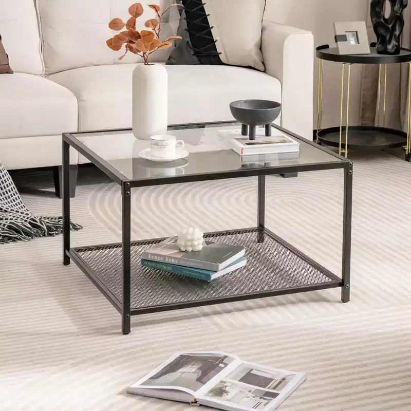 Table basse en verre 70 cm 2 étages carrée avec étagère en maille Salon Gris/Transparent