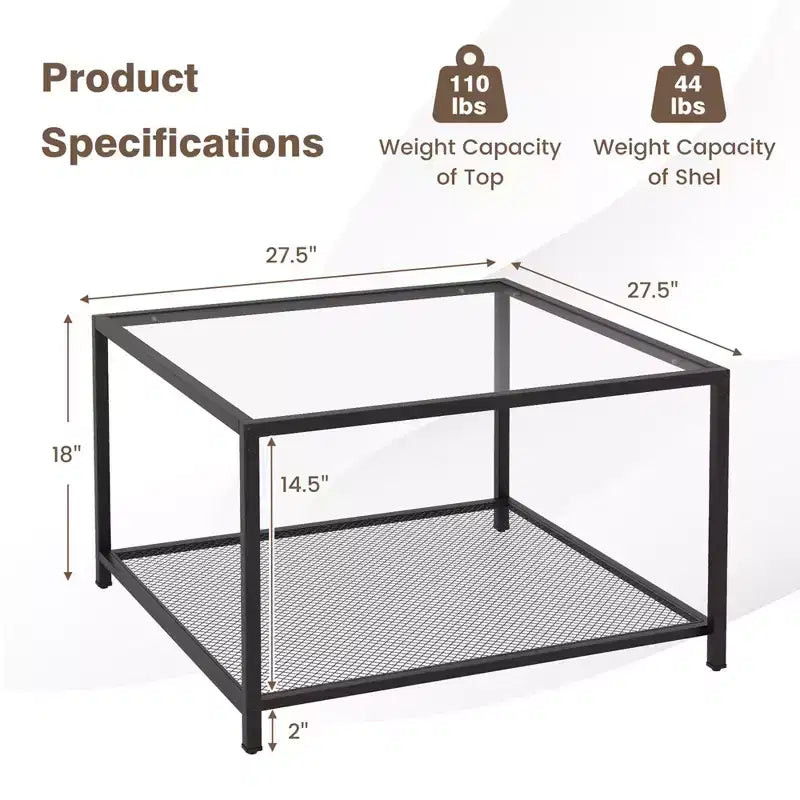 Table basse en verre 70 cm 2 étages carrée avec étagère en maille Salon Gris/Transparent