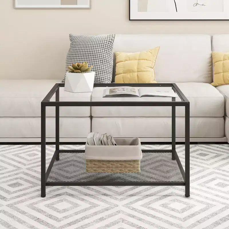 Table basse en verre 70 cm 2 étages carrée avec étagère en maille Salon Gris/Transparent