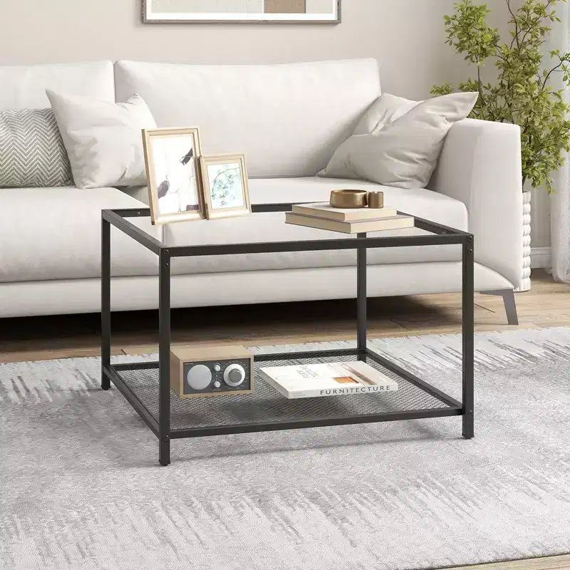 Table basse en verre 70 cm 2 étages carrée avec étagère en maille Salon Gris/Transparent