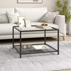 Table basse en verre 70 cm 2 étages carrée avec étagère en maille Salon Gris/Transparent