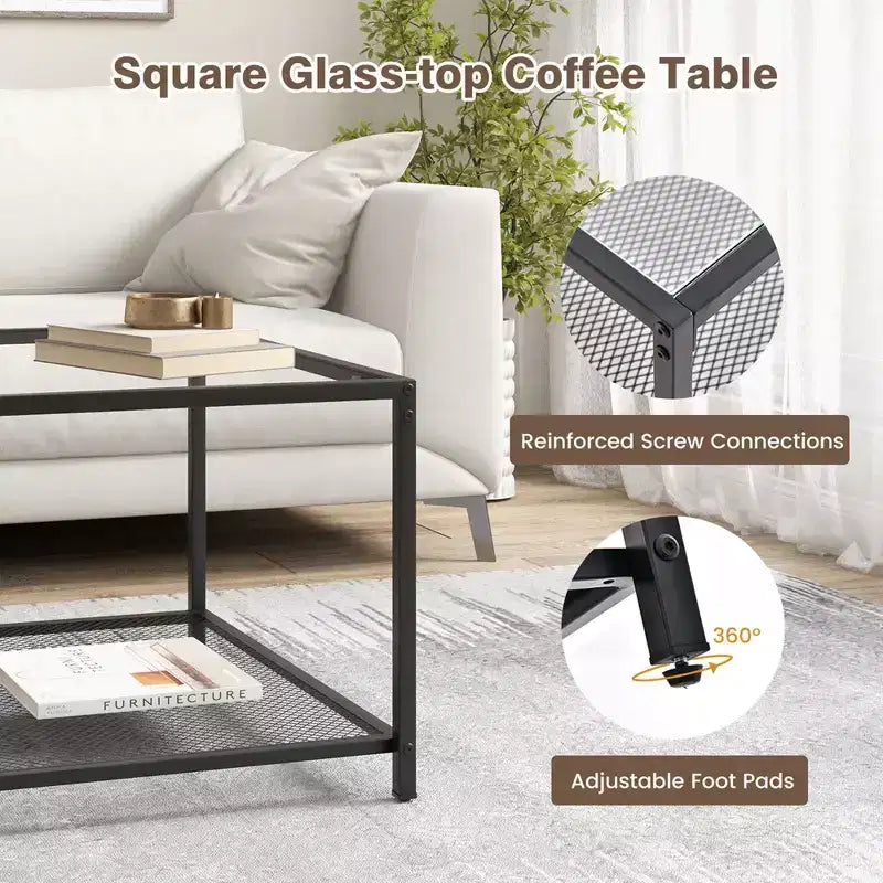 Table basse en verre 70 cm 2 étages carrée avec étagère en maille Salon Gris/Transparent