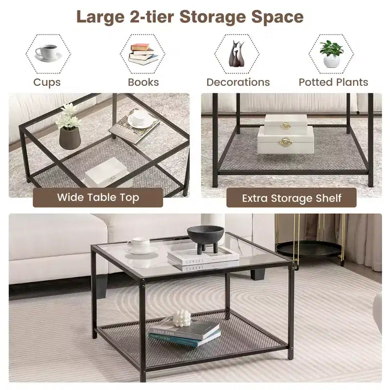 Table basse en verre 70 cm 2 étages carrée avec étagère en maille Salon Gris/Transparent