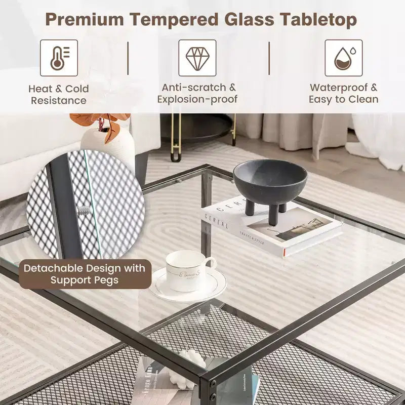 Table basse en verre 70 cm 2 étages carrée avec étagère en maille Salon Gris/Transparent