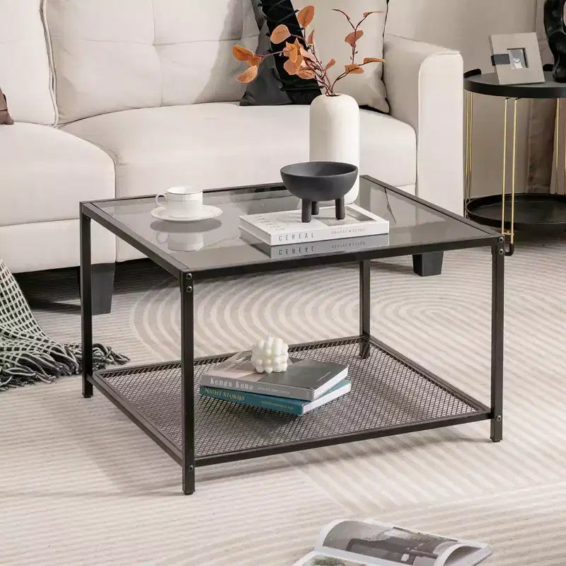 Table basse en verre 70 cm 2 étages carrée avec étagère en maille Salon Gris/Transparent