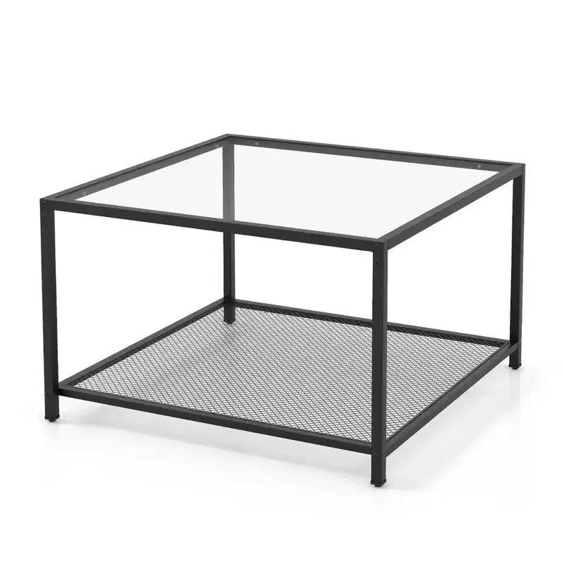 Table basse en verre 70 cm 2 étages carrée avec étagère en maille Salon Gris/Transparent