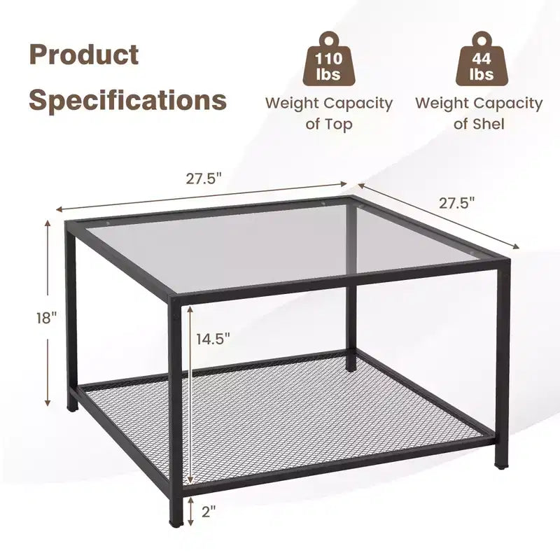 Table basse en verre 70 cm 2 étages carrée avec étagère en maille Salon Gris/Transparent