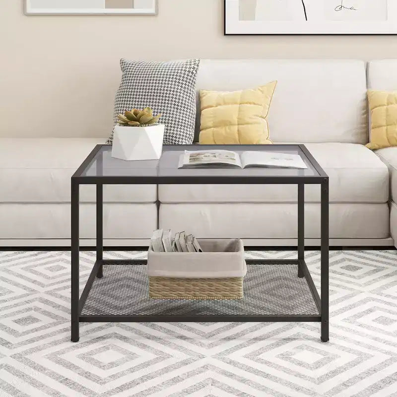 Table basse en verre 70 cm 2 étages carrée avec étagère en maille Salon Gris/Transparent