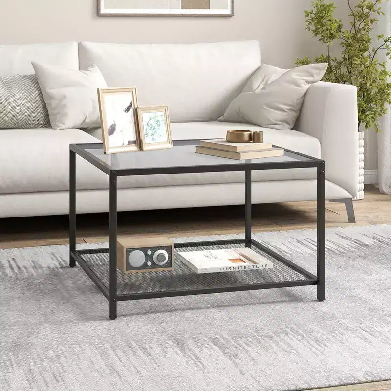 Table basse en verre 70 cm 2 étages carrée avec étagère en maille Salon Gris/Transparent