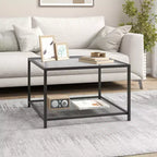 Table basse en verre 70 cm 2 étages carrée avec étagère en maille Salon Gris/Transparent