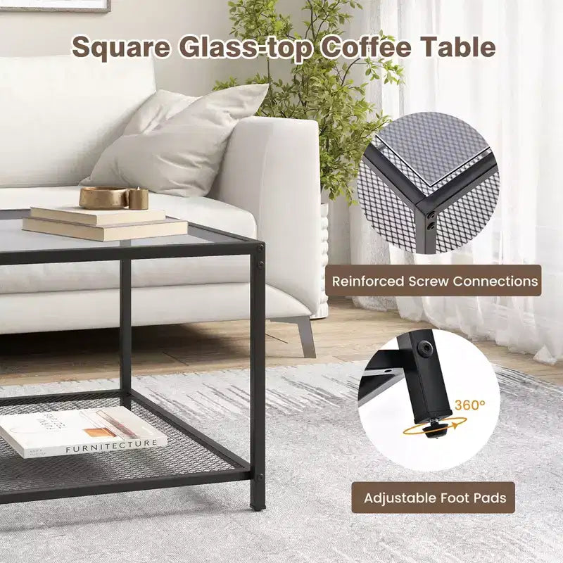 Table basse en verre 70 cm 2 étages carrée avec étagère en maille Salon Gris/Transparent